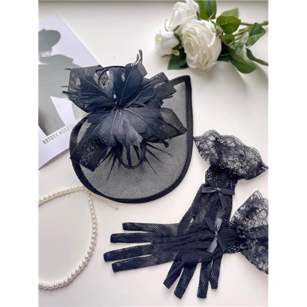 Fascinator Hat Veil Feather Fascinator Tea Party Black Hat&glove - Picture 6 of 6